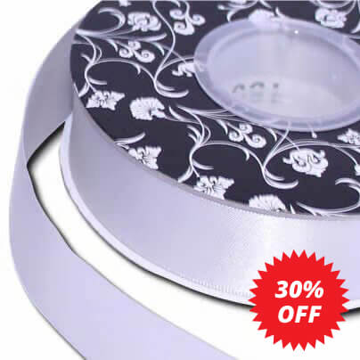 Double sided Satin Ribbon Silver 25mm wide x 30m per roll - dimensions