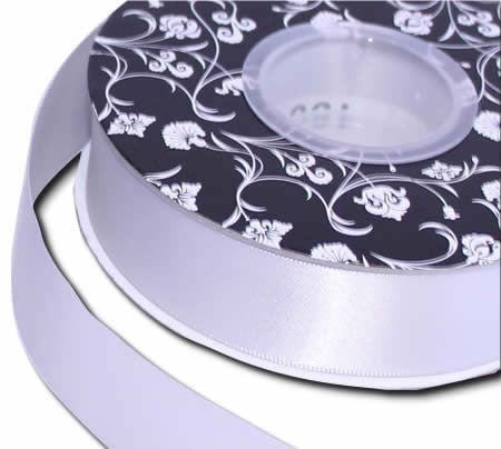 Double sided Satin Ribbon Silver 25mm wide x 30m per roll - dimensions