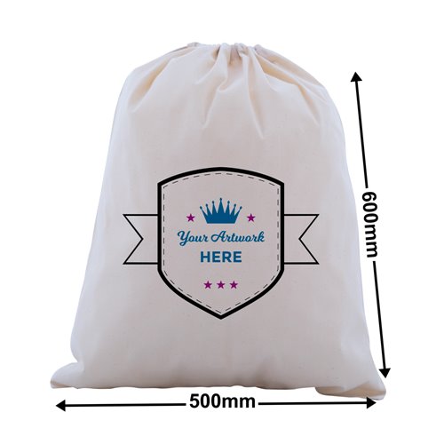 Custom Printed Calico Drawstring Bags 3 Colours 1 Side 600x500mm - dimensions