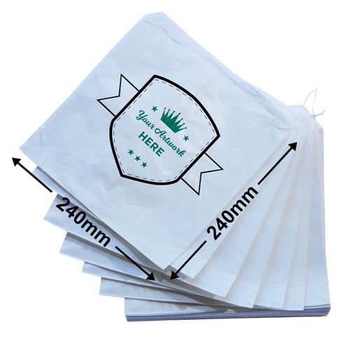 Small printed flat white paper bags - Square 240mm x 240mm 2 Colours 2 Sides - dimensions