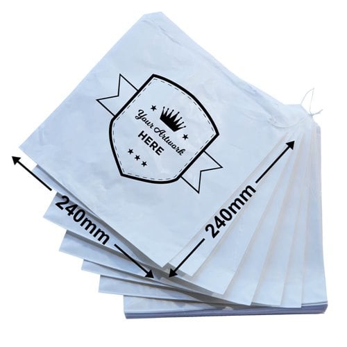 Small printed flat white paper bags - Square 240mm x 240mm 1 Colour 1 Side - dimensions