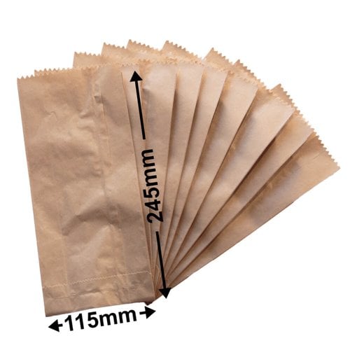 Flat Brown Paper Bags Size 2 115x245mm & 50mm Gusset (Qty:500) - dimensions