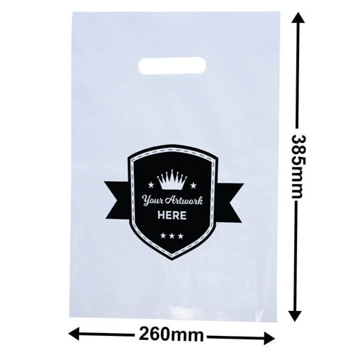 Custom Printed White Plastic Carry Bags 385x260mm 1 Colour 1 Side - dimensions