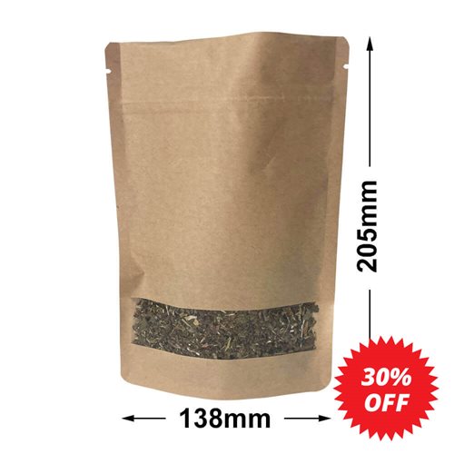 Slimline Kraft Paper Pouch Bags with Window 138x205mm & 42mm Bottom Gusset (Qty:100) - dimensions