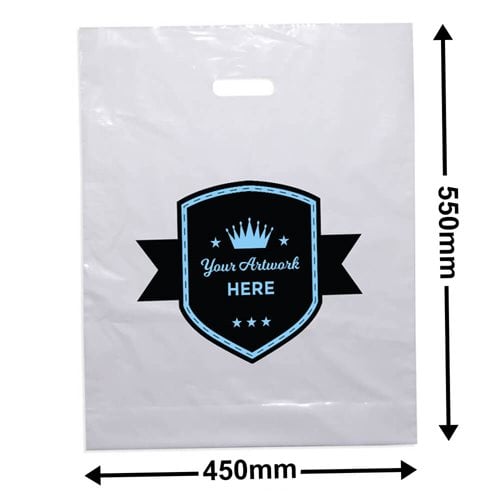 Custom Printed XL White Plastic Bag 2 Colours 1 Side - dimensions