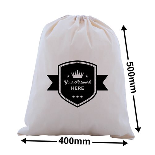 Custom Printed 1 Colour 1 Side XL Calico Drawstring Bags - dimensions