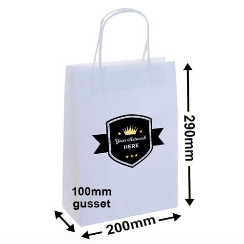 Custom Printed White Paper Carry Bags 2 Colours 2 Sides 290x200mm - dimensions