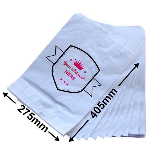 Extra Large Printed Flat White Paper Bags - Long 405mm x 275mmm 2 Colours 2 Sides - dimensions