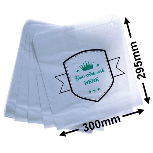 Large Printed Flat White Paper Bags - Square 355mm x 240mm 2 Colours 1 Side - dimensions