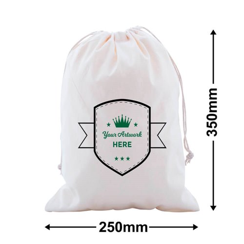 Custom Calico Drawstring Bags 350x250mm 2 Colours 2 Sides - dimensions