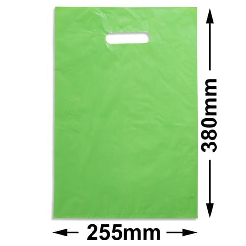 Medium Lime Green Plastic Carry Bags 255x380mm (Qty:100) - dimensions