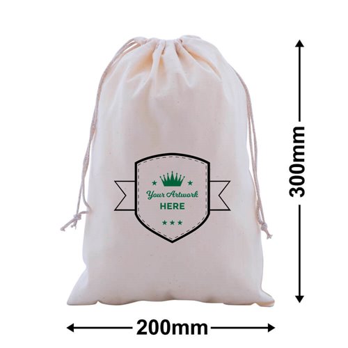 Custom Printed Calico Drawstring Bags 300x200mm 2 Colours 1 Side - dimensions