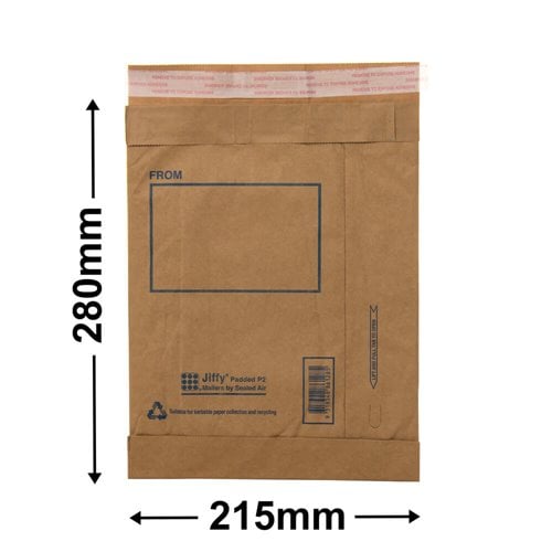 Size 2 Jiffy Padded Mailing Bags 215x280mm (Qty:100) - dimensions