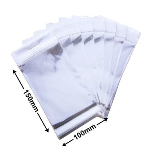 Hangsell Bags with White Headers 150x100mm 35µm (Qty:100) - dimensions