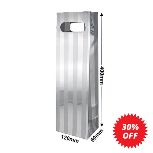 Silver Stripe Matte Laminated Single Wine Bottle Gift Bags (Qty:20) - dimensions