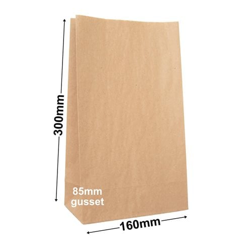 Brown Paper Grocery Bags Size 3 160x300mm & 85mm Gusset (Qty:500) - dimensions