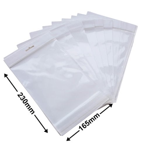 Hangsell Bags with White Headers 230x165mm 35µm (Qty:100) - dimensions