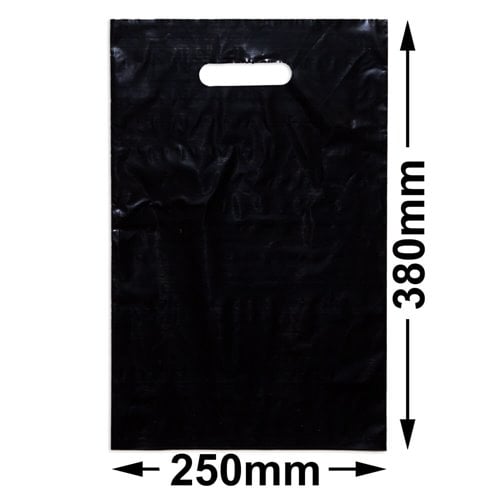 Medium Black Plastic Carry Bags 250x380mm (Qty:100) - dimensions