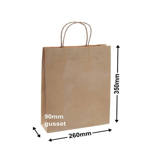 A4 Brown Paper Carry Bags 260x350mm (Qty:50) - dimensions