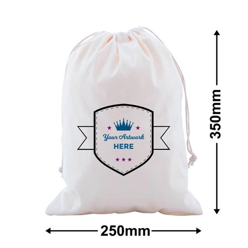 Custom Calico Drawstring Bags 350x250mm 3 Colours 1 Side - dimensions