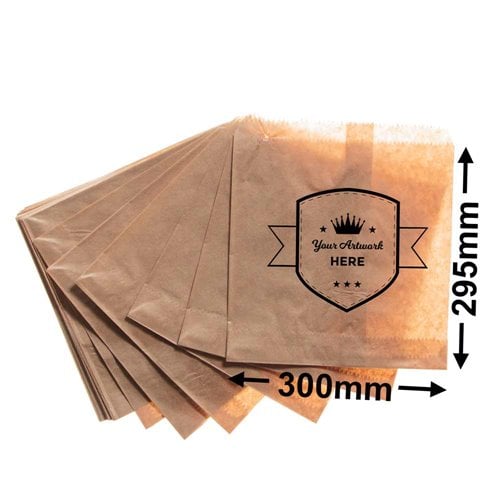 Large Printed Flat Brown Paper Bags - Square 300mm x 295mm 1 Colour 1 Side - dimensions