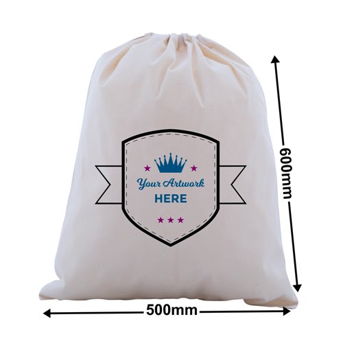 Custom Printed Calico Drawstring Bags 3 Colours 2 Sides 600x500mm - dimensions