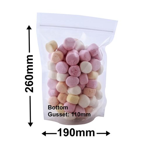 Clear Pouch Bags 190x260mm & 110mm Bottom Gusset (Qty:100) - dimensions