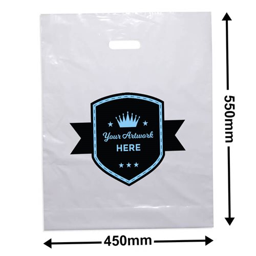 Custom Printed XL White Plastic Bag 2 Colours 2 Sides - dimensions