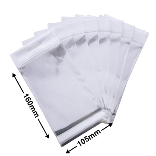 Hangsell Bags with White Headers 160x105mm 35µm (Qty:100) - dimensions