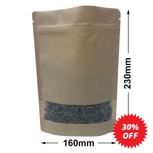 Slimline Kraft Paper Pouch Bags with Window 160x230mm & 45mm Bottom Gusset (Qty:100) - dimensions