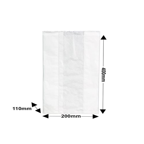 White Paper Bread Bags 200x400mm & 110mm Gusset (Qty:500) - dimensions