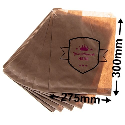 Medium Printed Flat Brown Paper Bags - Square 300mm x 275mm 2 Colours 2 Sides - dimensions