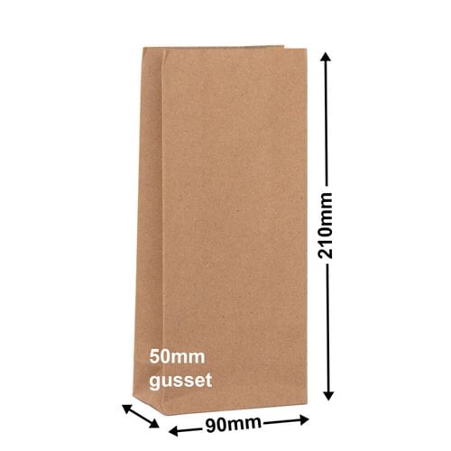 Brown Paper Grocery Bags Size 1 90x210mm & 50mm Gusset (Qty:500) - dimensions