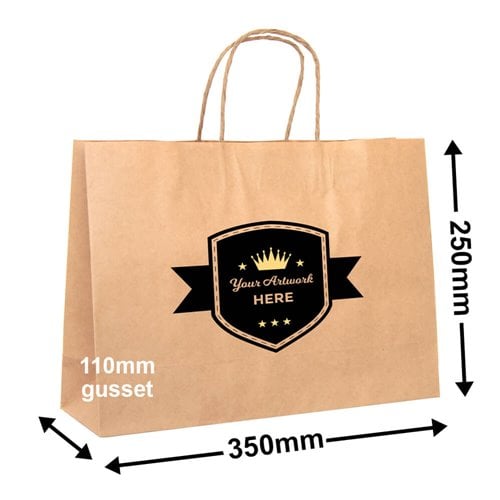 Custom Printed 2 Colours 1 Side Boutique Brown Paper Carry Bags 250x350mm - dimensions