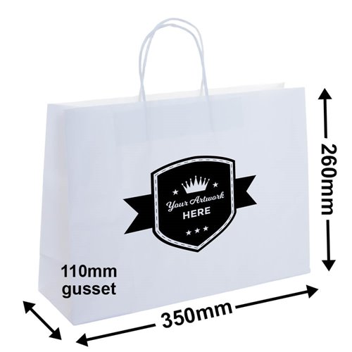 Custom Printed 1 Colour 2 Sides Boutique White Paper Carry Bags 250x350mm - dimensions