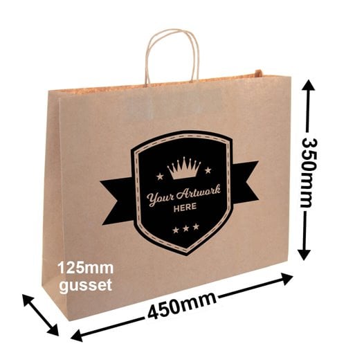 Custom Printed 1 Colour 2 Sides Boutique Brown Paper Carry Bags 350x450mm - dimensions