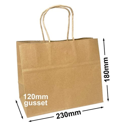 Boutique Brown Paper Carry Bags 230x180mm (Qty: 50) - dimensions