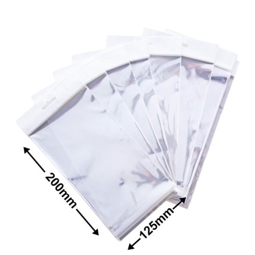 Hangsell Bags with White Headers 200x125mm 35µm (Qty:100) - dimensions