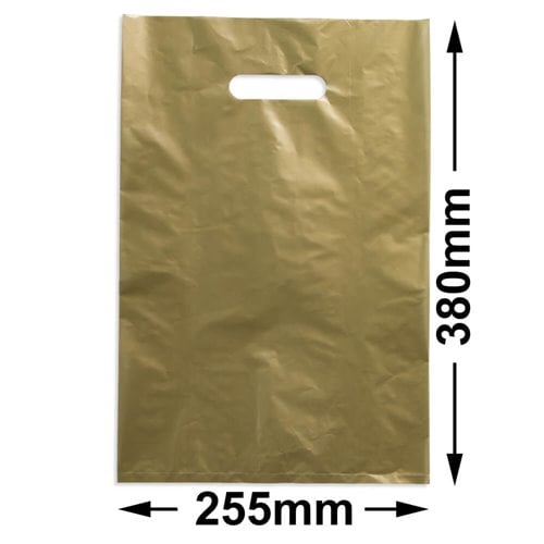 Medium Gold Plastic Carry Bags 255x380mm (Qty:100) - dimensions