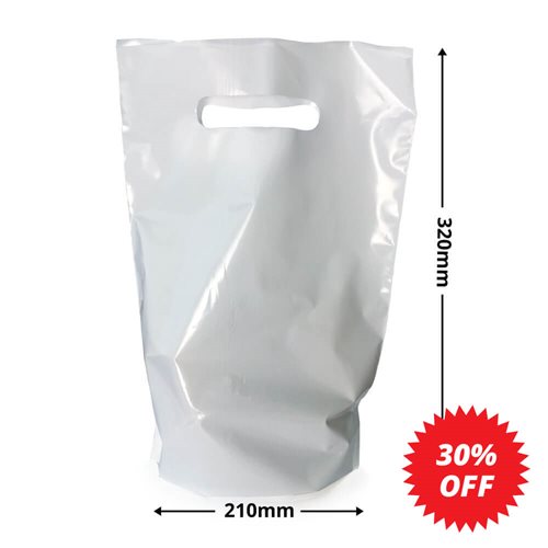 Small White Plastic Carry Bags 210x320mm + 70mm Bottom Gusset (Qty:100) - dimensions