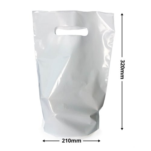 Small White Plastic Carry Bags 210x320mm + 70mm Bottom Gusset (Qty:100) - dimensions