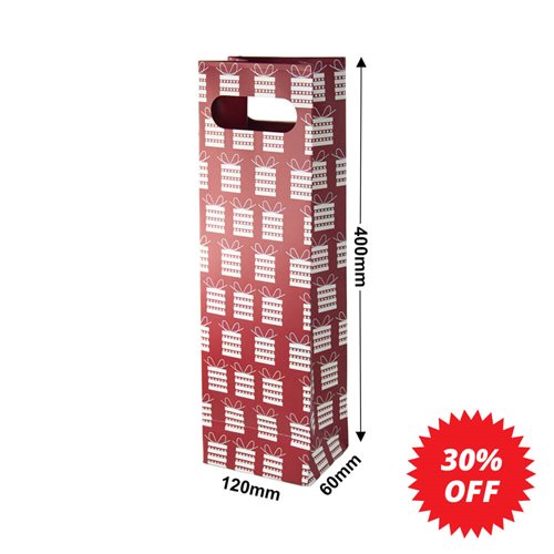 Red & White Pattern Matte Laminated Single Wine Bottle Gift Bags (Qty:20) - dimensions