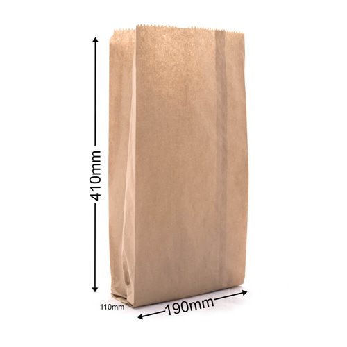 Flat Brown Paper Bags Size 12 190x410mm & 110mm Gusset (Qty:500) - dimensions