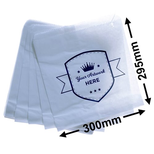 Large Printed Flat White Paper Bags - Square 300mm x 295mm 1 Colour 1 Side - dimensions