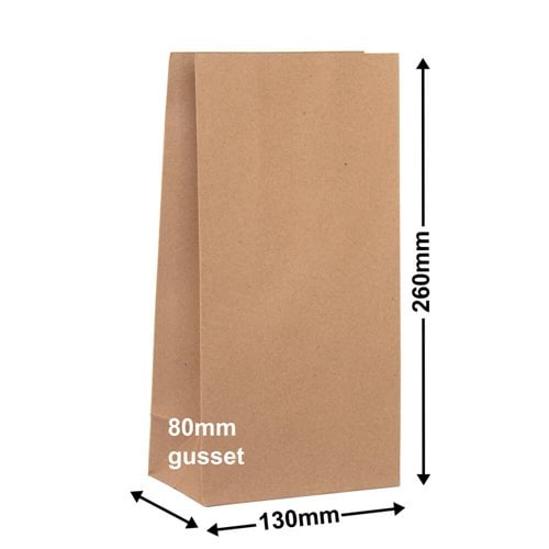 Brown Paper Grocery Bags Size 2 130x260mm & 80mm Gusset (Qty:500) - dimensions