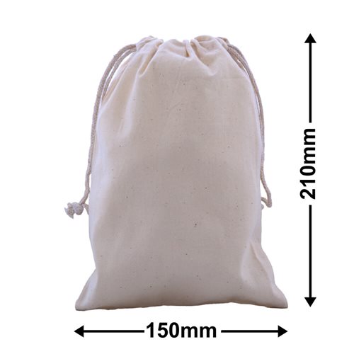 Drawstring Calico Bags 210x150mm | Natural Calico (Qty:50) - dimensions