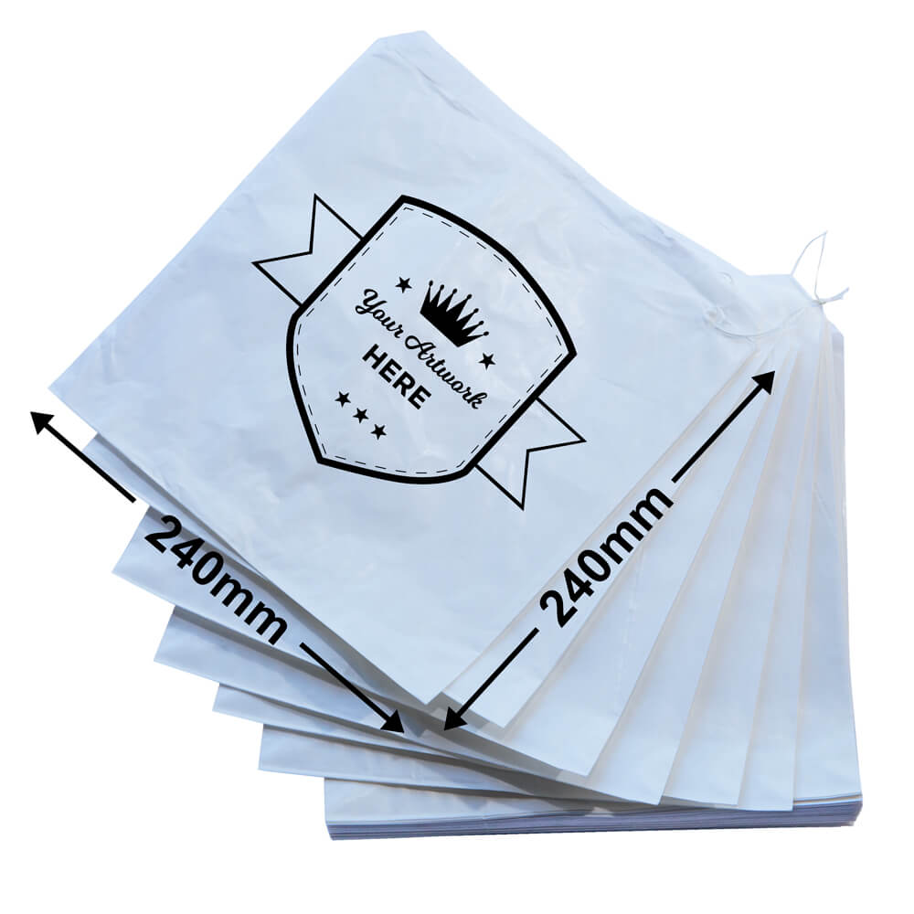 Small printed flat white paper bags - Square 240mm x 240mm 1 Colour 1 Side