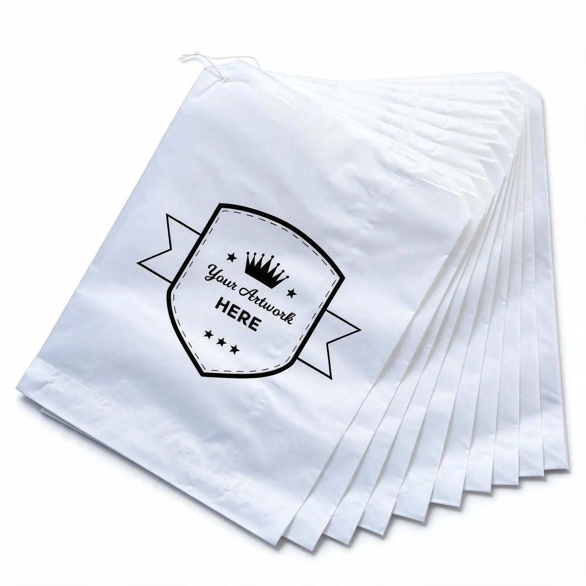 medium printed flat white paper bags - square 300mm x 275mm 1 colour 2 sides, front view