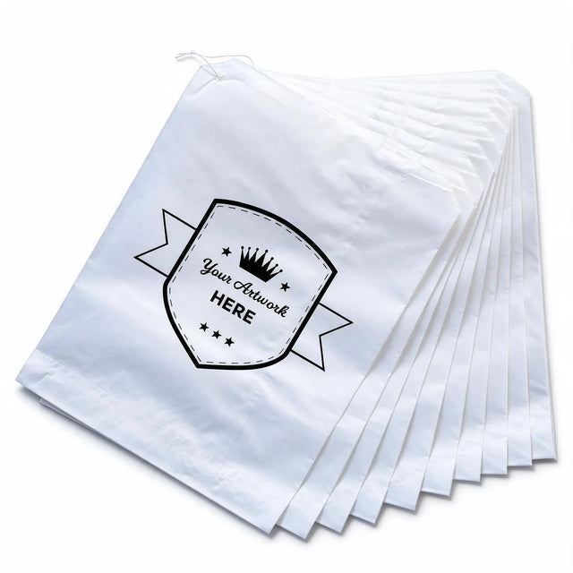 medium printed flat white paper bags - square 300mm x 275mm 1 colour 2 sides, front view