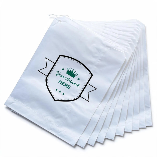 medium printed flat white paper bags - square 300mm x 275mm 2 colours 2 sides, front view
